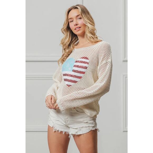 BiBi Sequin Detail American Flag Heart Patch Open Knit Cover Up Top | Off White - Picture 3 of 11